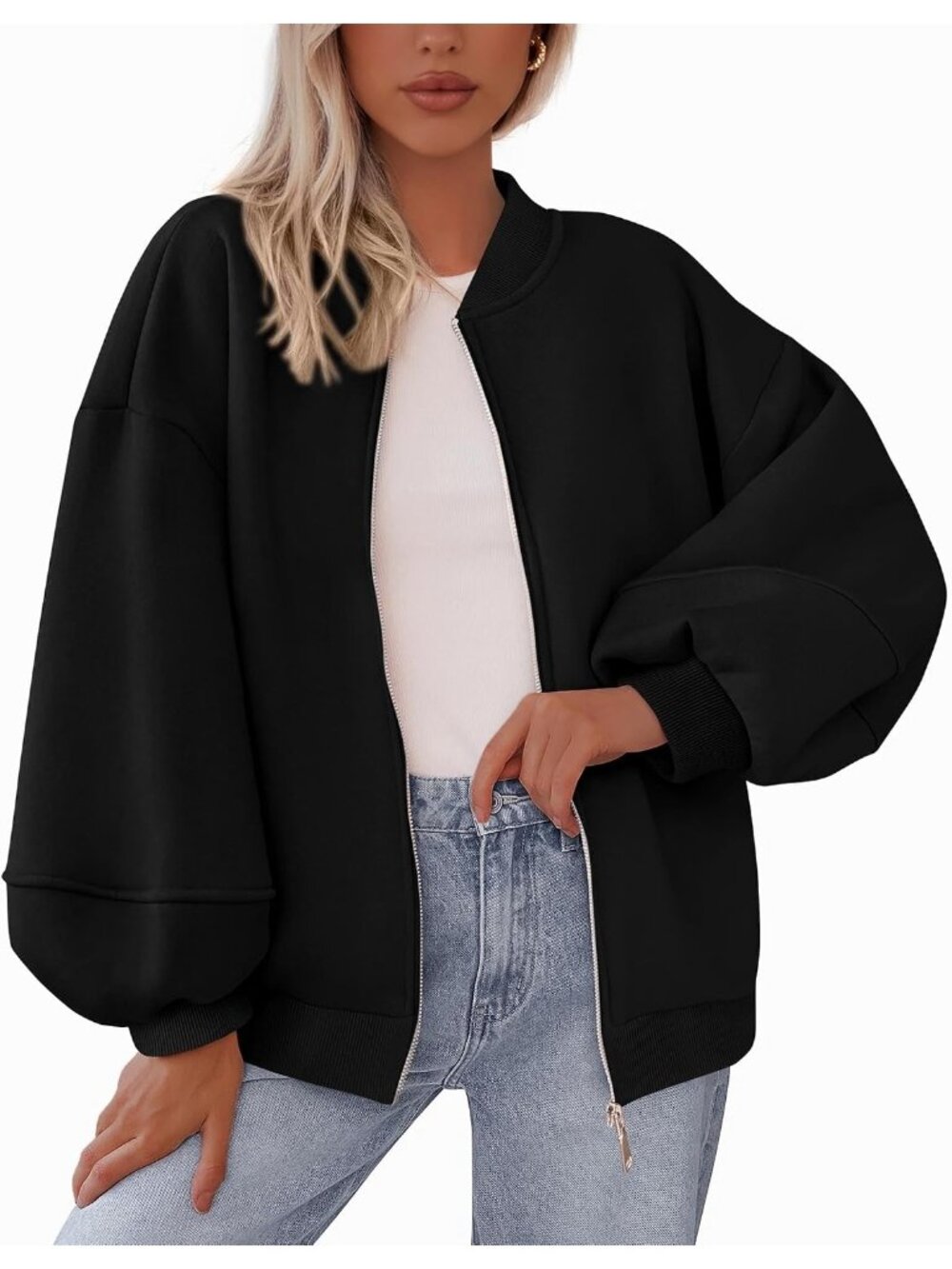 Women’s Black Oversized ZIP Up Sweatshirt With Pockets Casual Bomber Jacket